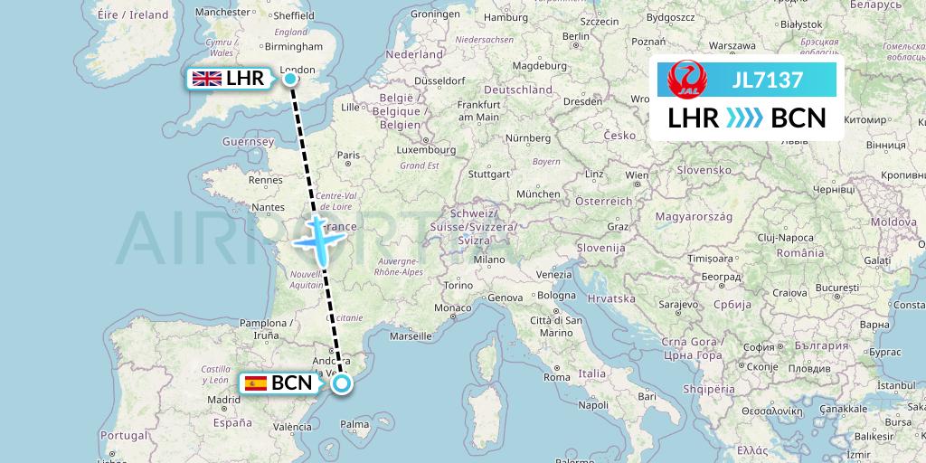 JL7137 Japan Airlines Flight Map: London to Barcelona