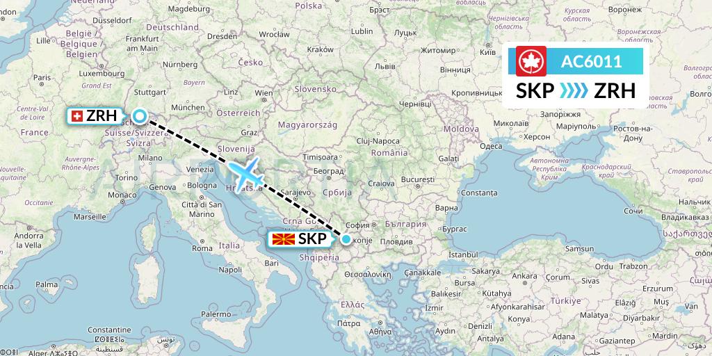 AC6011 Air Canada Flight Map: Skopje to Zurich