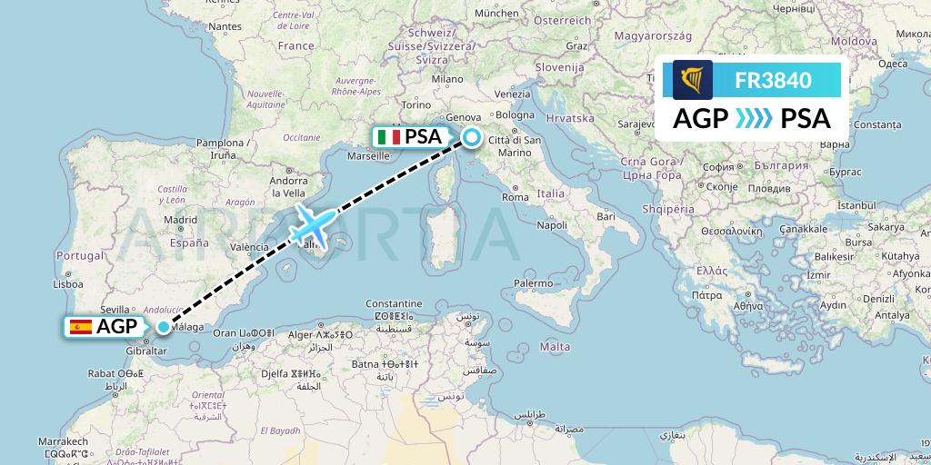 FR3840 Ryanair Flight Map: Malaga to Pisa