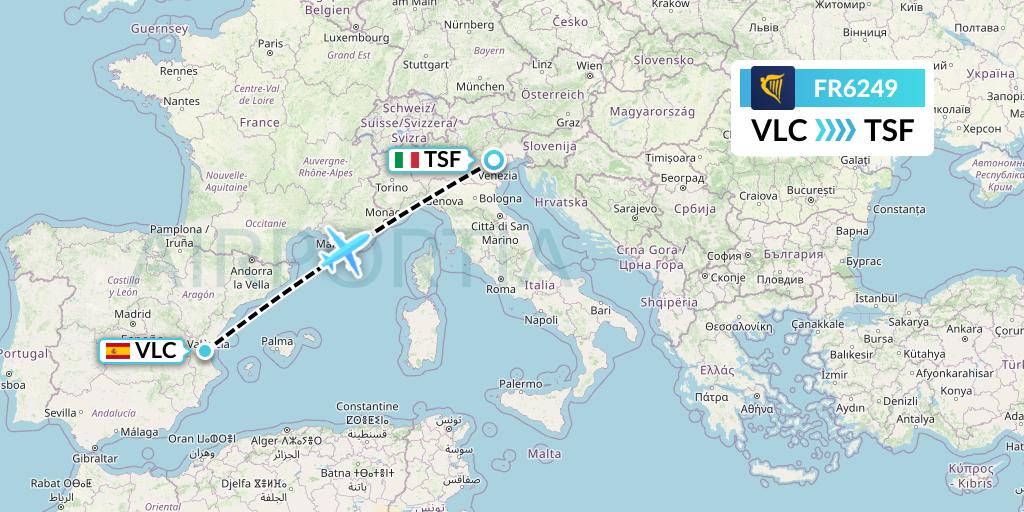 FR6249 Ryanair Flight Map: Valencia to Treviso