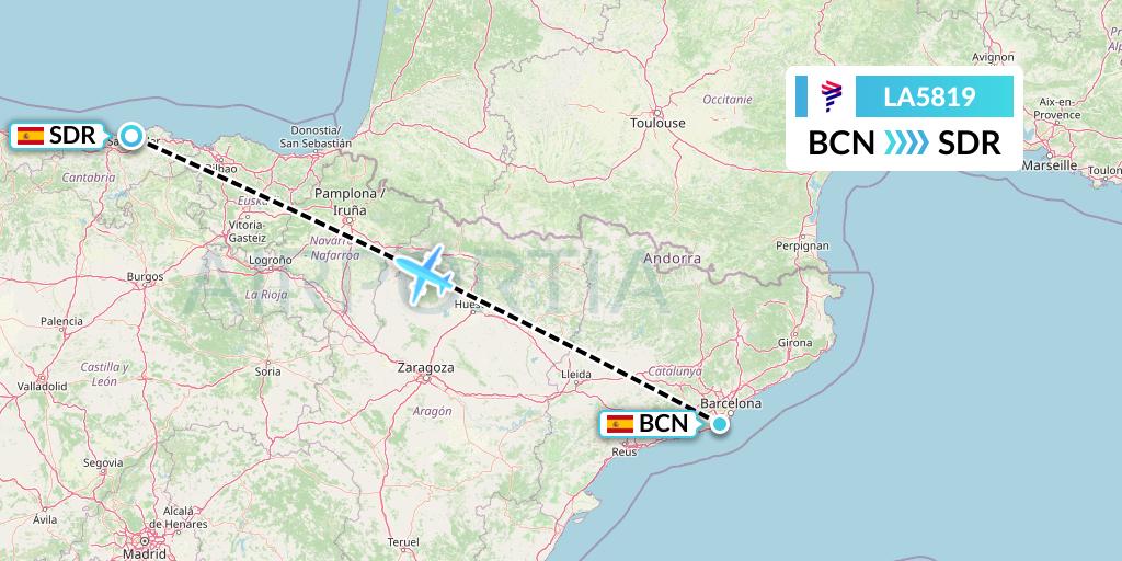 LA5819 LAN Airlines Flight Map: Barcelona to Santander