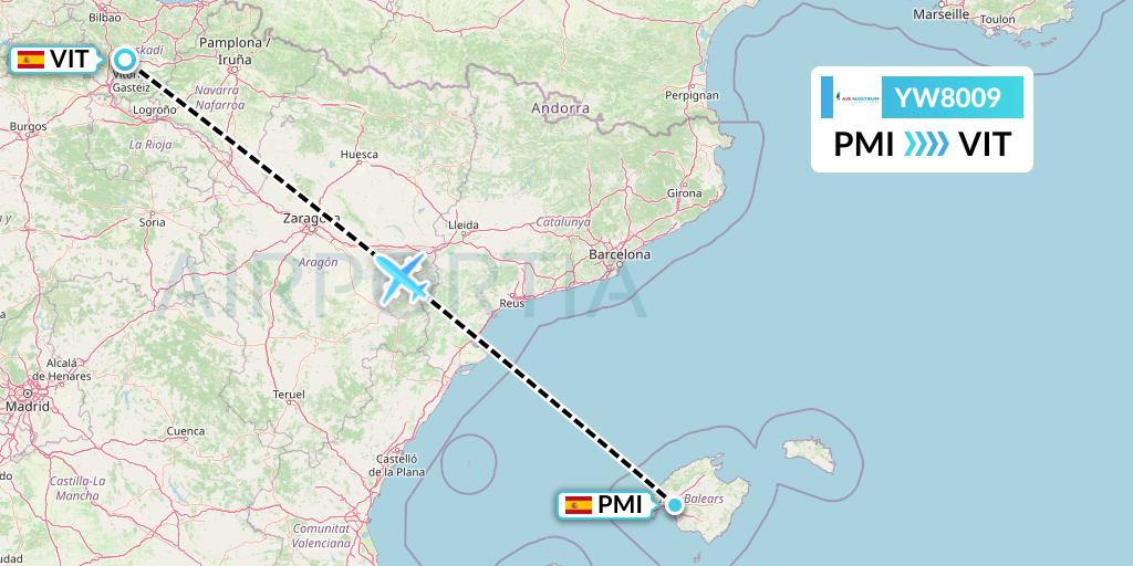 YW8009 Air Nostrum Flight Map: Palma de Mallorca to Vitoria