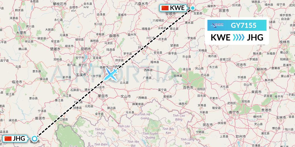 GY7155 Colorful GuiZhou Airlines Flight Map: Guiyang to Jinghong