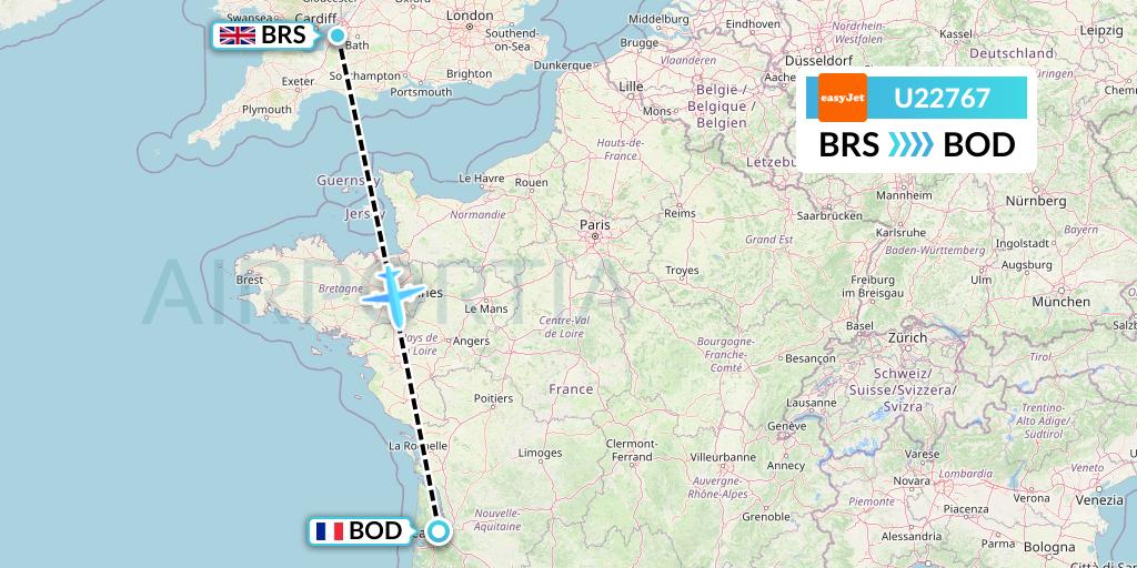 U22767 EasyJet Flight Map: Bristol to Bordeaux