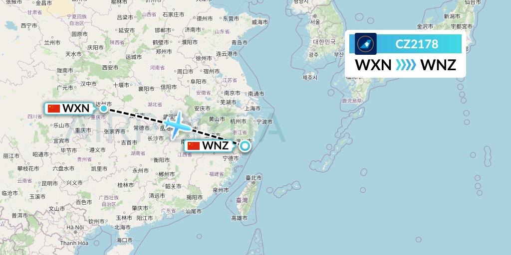 CZ2178 China Southern Airlines Flight Map: Wanzhou to Wenzhou