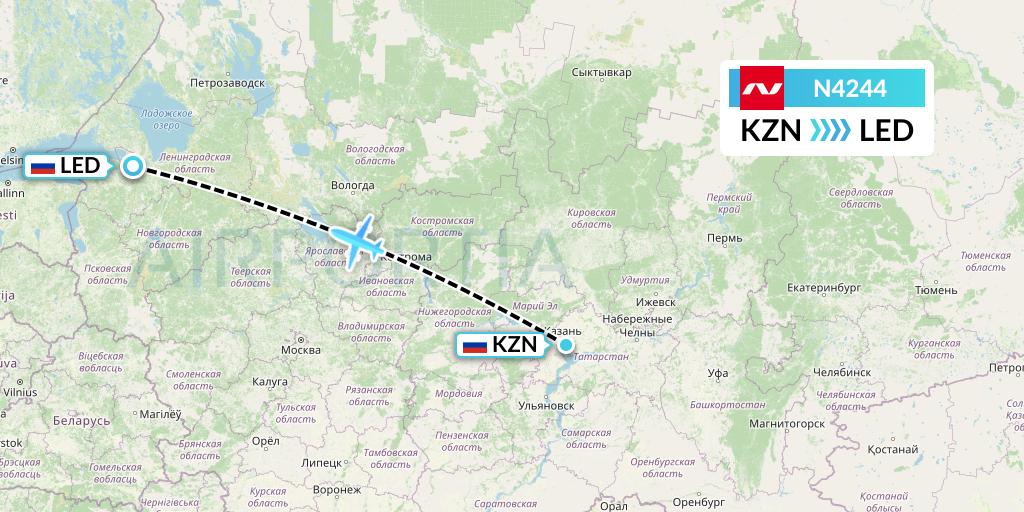 N4244 Nordwind Airlines Flight Map: Kazan to St. Petersburg