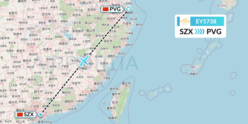 EY5738 Etihad Airways Flight Map: Shenzhen to Shanghai