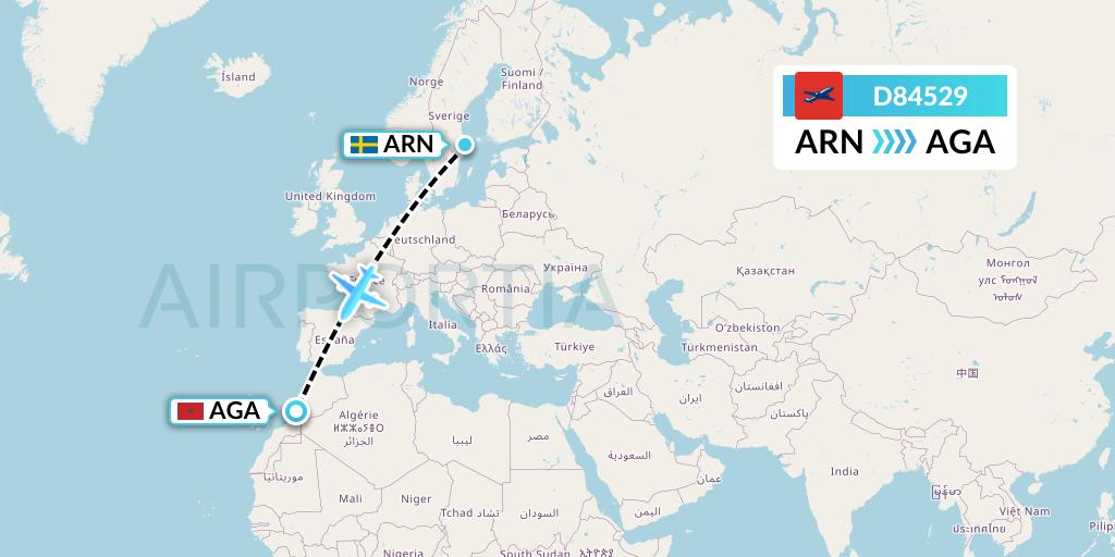 D84529 Norwegian Air International Flight Map: Stockholm to Agadir