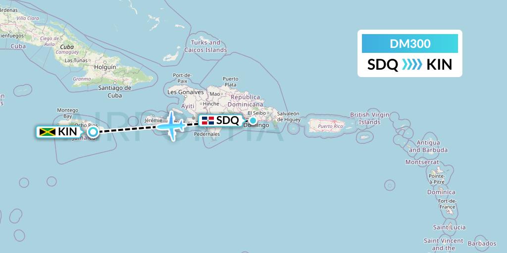 DM300 Arajet Flight Map: Santo Domingo to Kingston