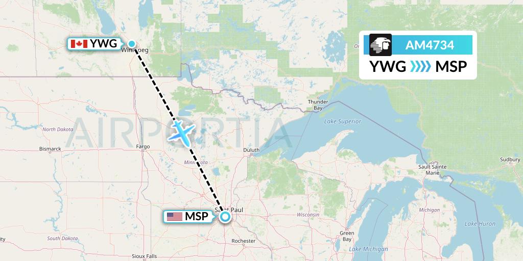 AM4734 Aeromexico Flight Map: Winnipeg to Minneapolis