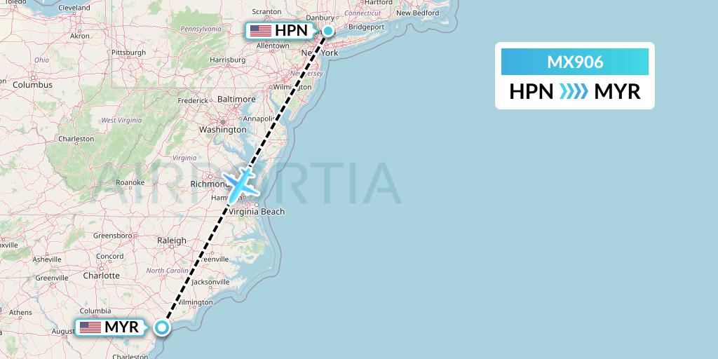 MX906 Breeze Airways Flight Map: White Plains to Myrtle Beach
