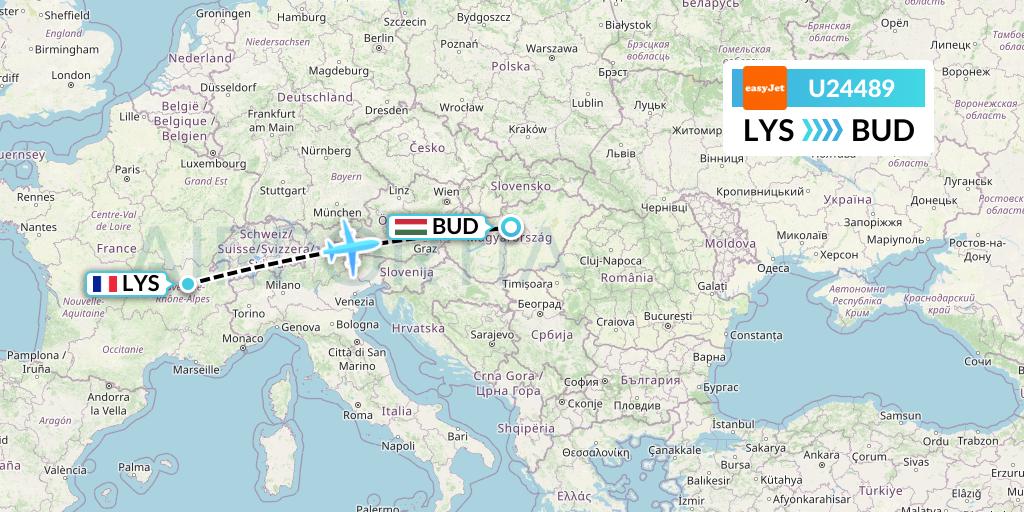 U24489 EasyJet Flight Map: Lyon to Budapest