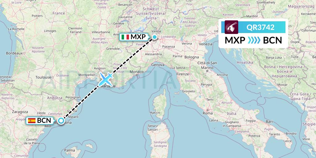 QR3742 Qatar Airways Flight Map: Milan to Barcelona