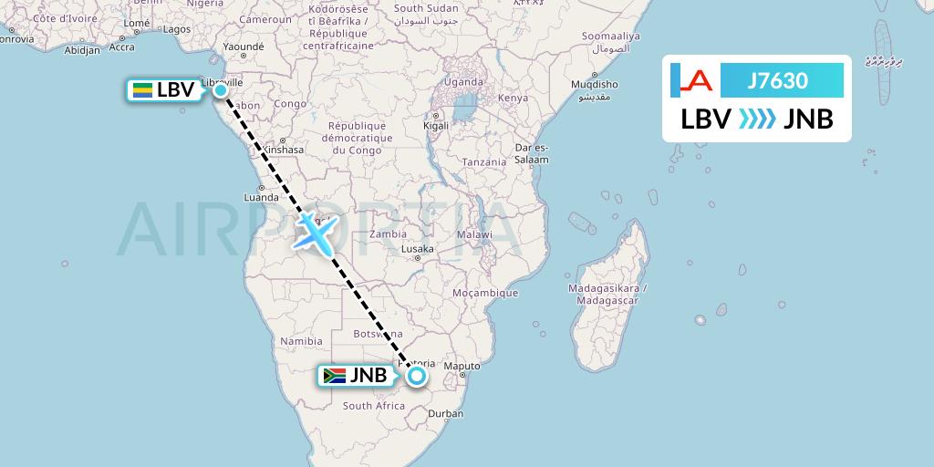 J7630 Afrijet Business Services Flight Map: Libreville to Johannesburg