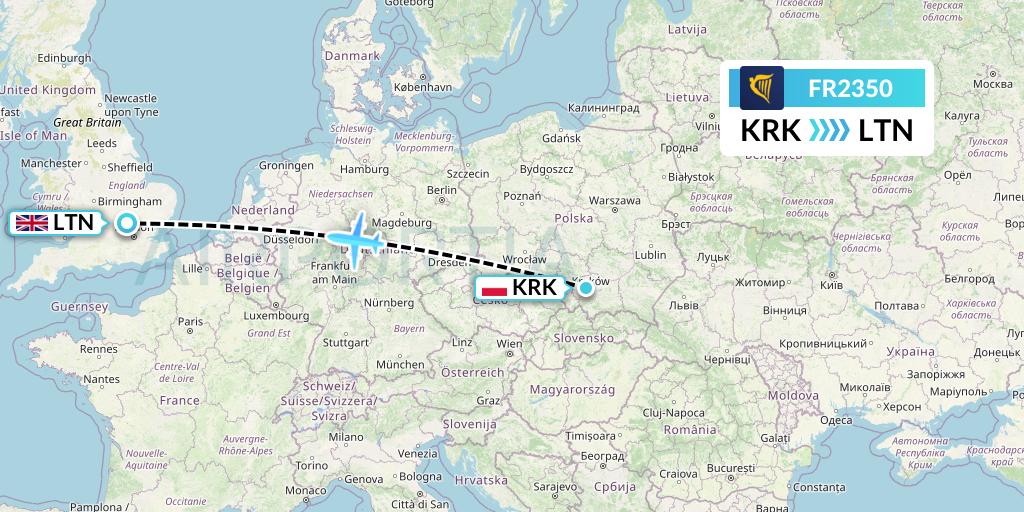 FR2350 Ryanair Flight Map: Krakow to London
