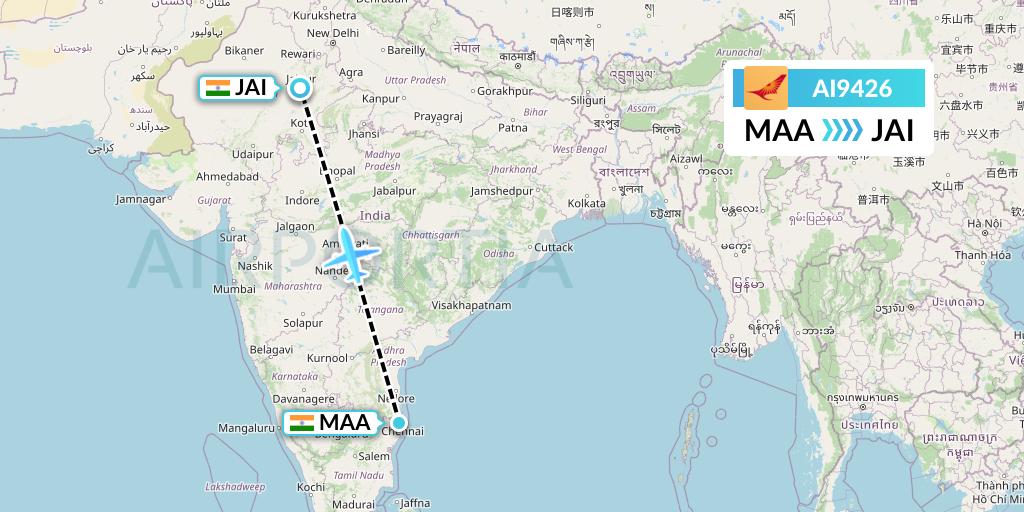 AI9426 Air India Flight Map: Chennai to Jaipur
