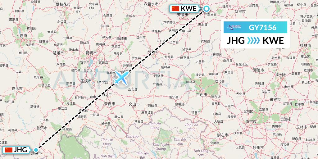 GY7156 Colorful GuiZhou Airlines Flight Map: Jinghong to Guiyang