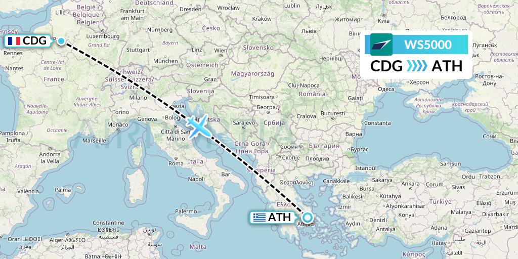 WS5000 WestJet Flight Map: Paris to Athens
