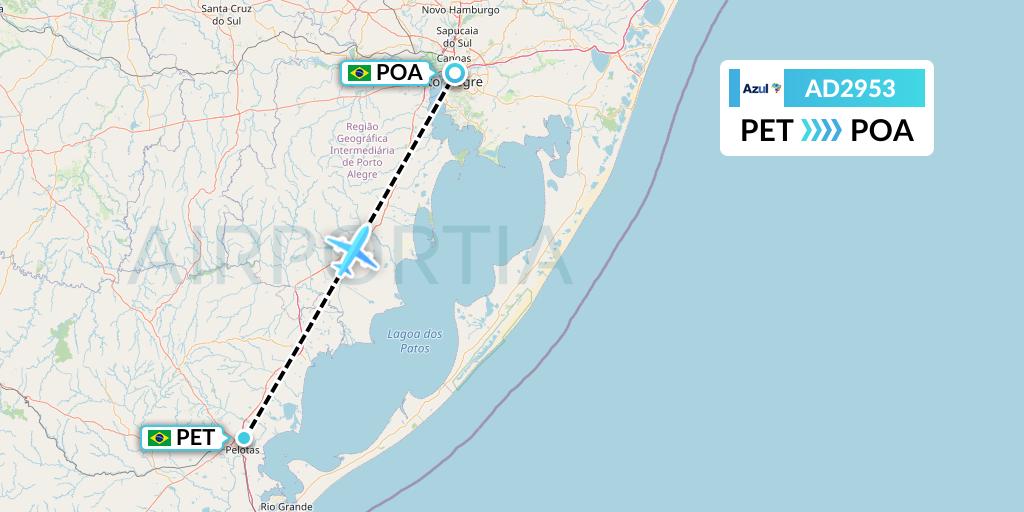 AD2953 Azul Brazilian Airlines Flight Map: Pelotas to Porto Alegre