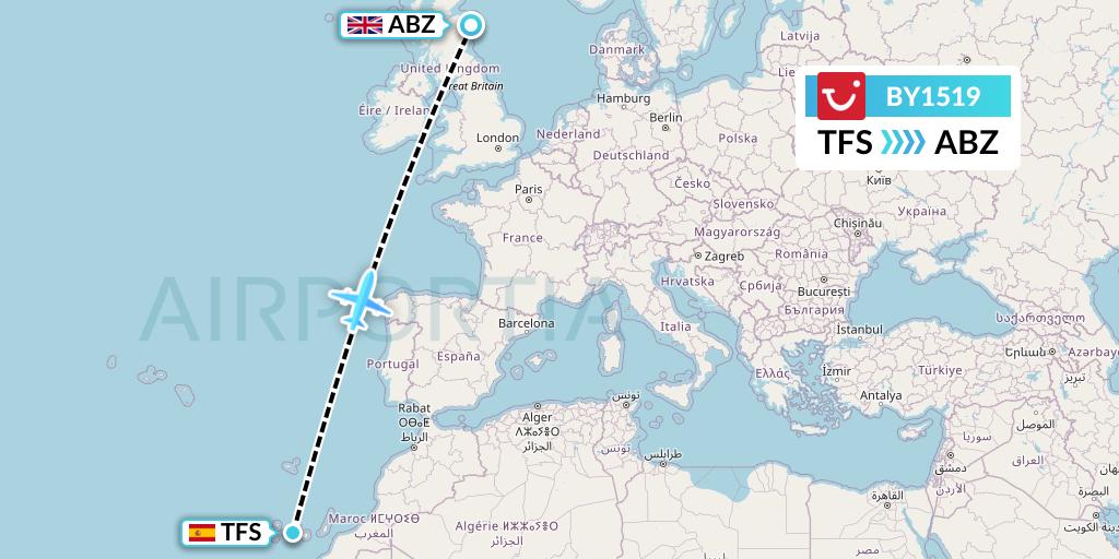 BY1519 TUI Airways Flight Map: Tenerife to Aberdeen