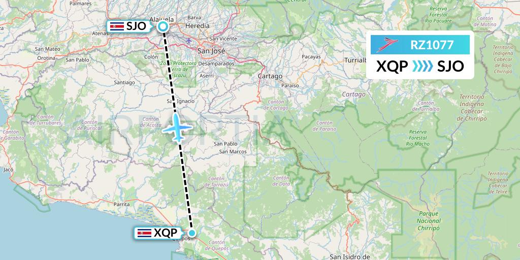 RZ1077 Sansa Airlines Flight Map: Quepos to San Jose
