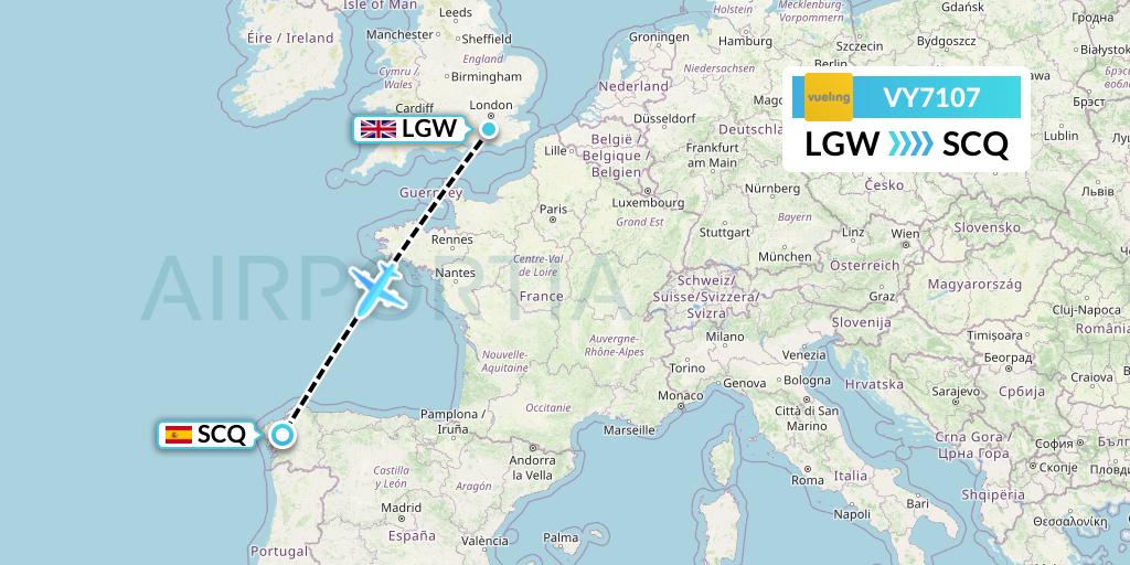 VY7107 Vueling Flight Map: London to Santiago