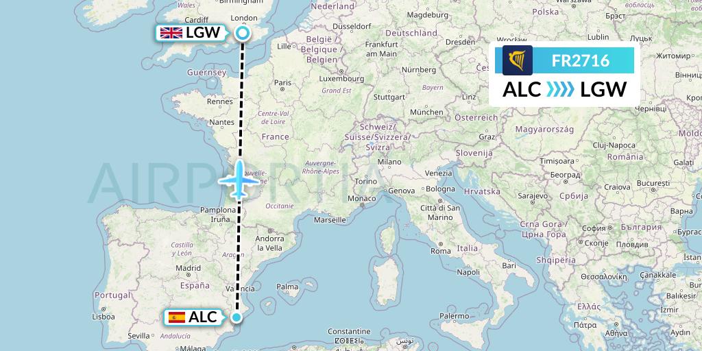 FR2716 Ryanair Flight Map: Alicante to London