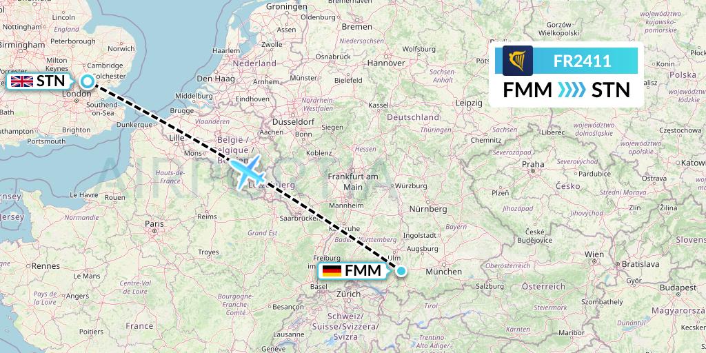 FR2411 Ryanair Flight Map: Memmingen to London