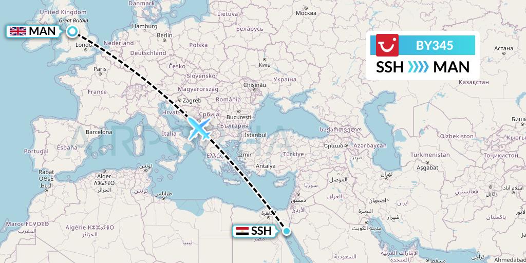 BY345 TUI Airways Flight Map: Sharm el-Sheikh to Manchester