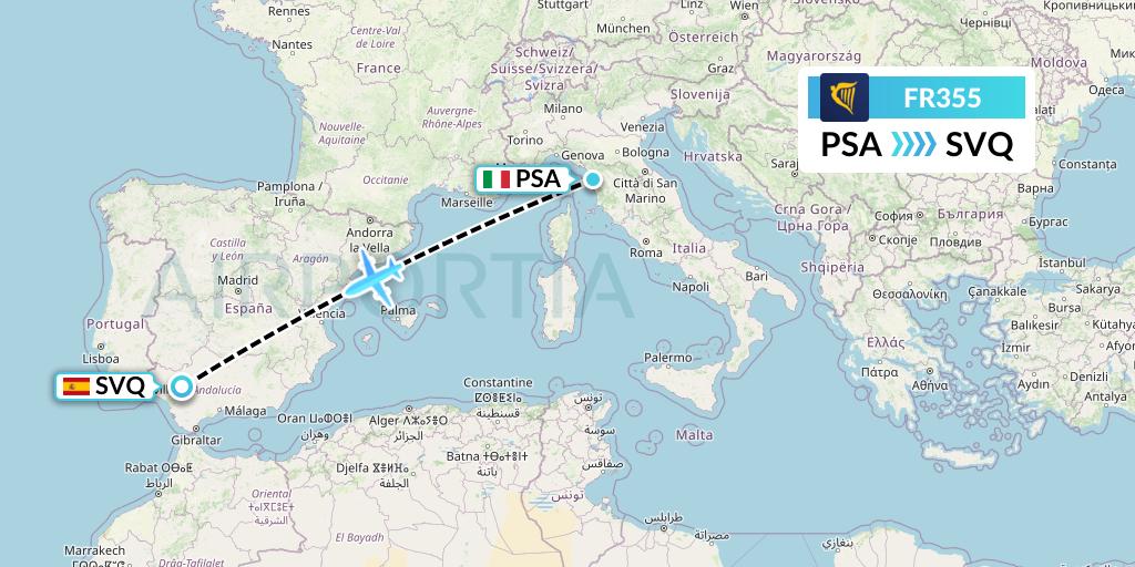 FR355 Ryanair Flight Map: Pisa to Seville