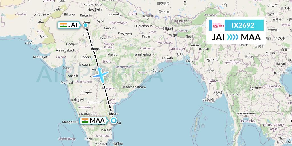 IX2692 Air India Express Flight Map: Jaipur to Chennai