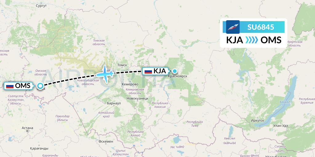 SU6845 Aeroflot Flight Map: Krasnoyarsk to Omsk