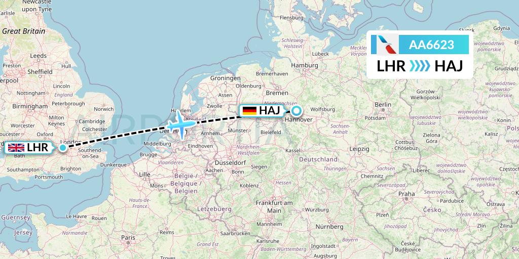 AA6623 American Airlines Flight Map: London to Hannover