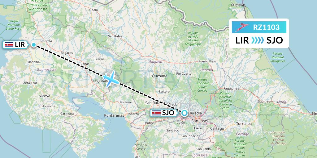 RZ1103 Sansa Airlines Flight Map: Liberia to San Jose