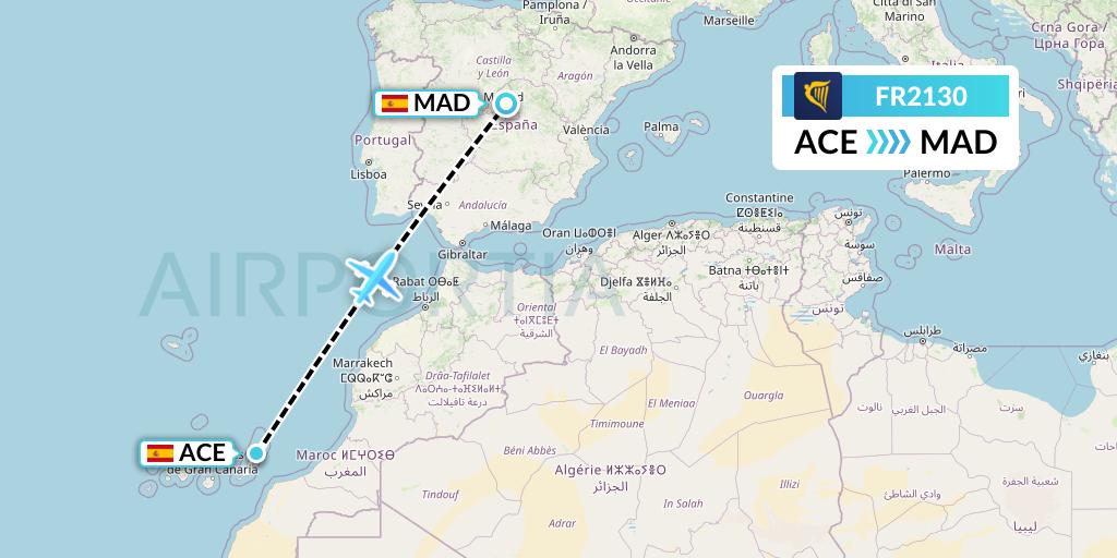 FR2130 Ryanair Flight Map: Lanzarote to Madrid