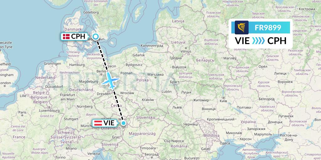 FR9899 Ryanair Flight Map: Vienna to Copenhagen