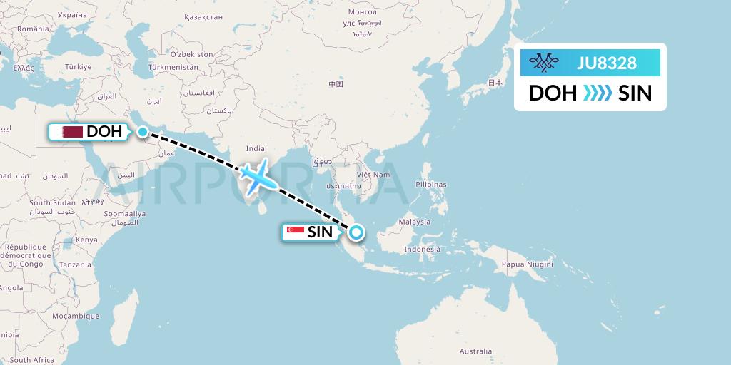 JU8328 AirSERBIA Flight Map: Doha to Singapore