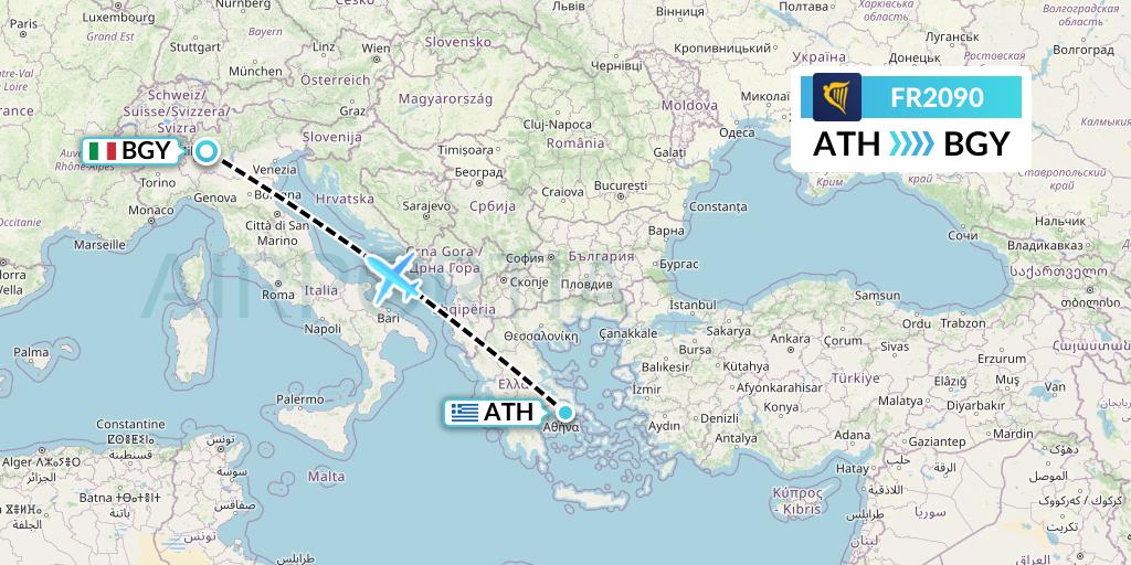 FR2090 Ryanair Flight Map: Athens to Milan