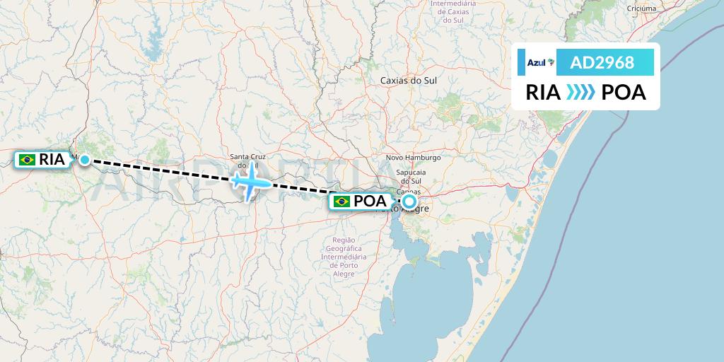 AD2968 Azul Brazilian Airlines Flight Map: Santa Maria to Porto Alegre