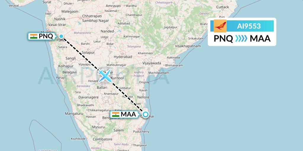 AI9553 Air India Flight Map: Pune to Chennai