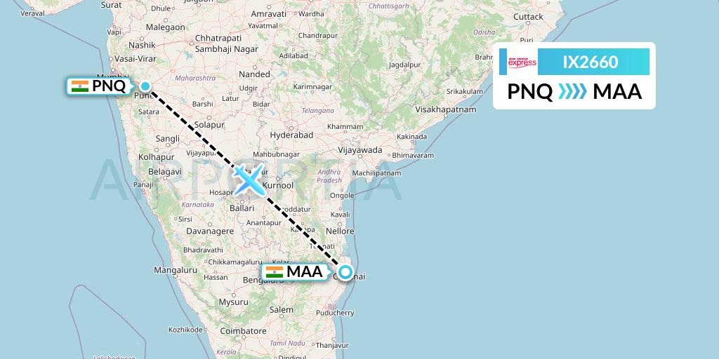 IX2660 Air India Express Flight Map: Pune to Chennai