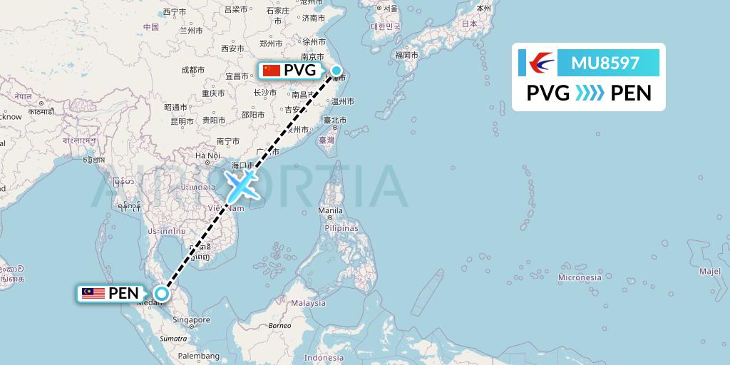 MU8597 China Eastern Airlines Flight Map: Shanghai to Penang