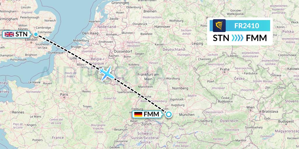 FR2410 Ryanair Flight Map: London to Memmingen