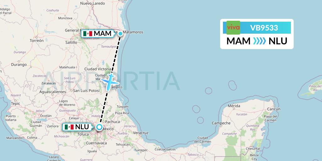 VB9533 VivaAerobus Flight Map: Matamoros to Reyes Acozac