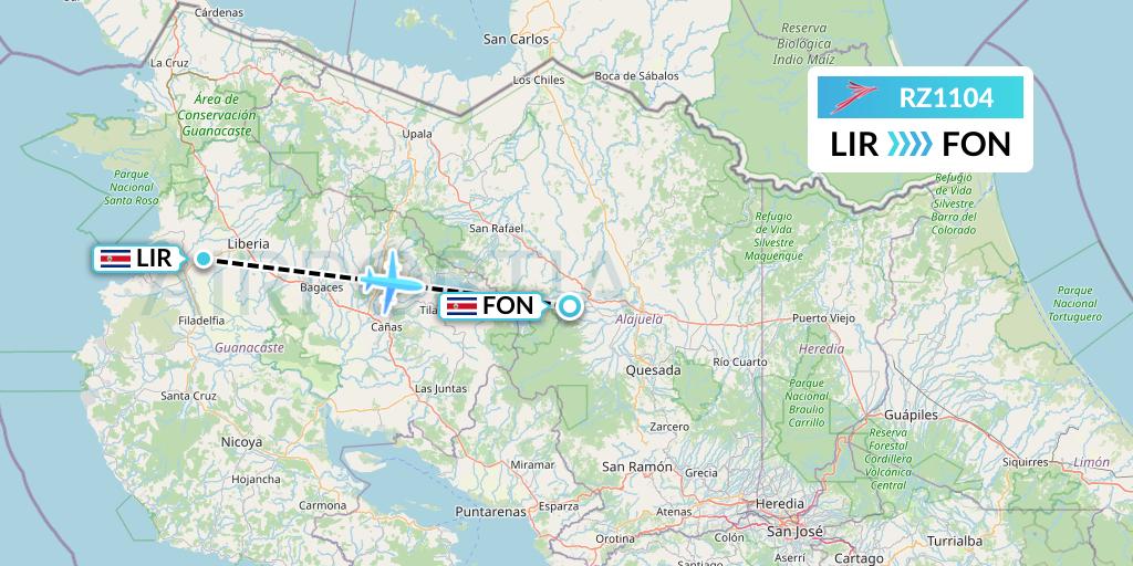 RZ1104 Sansa Airlines Flight Map: Liberia to La Fortuna-San Carlos