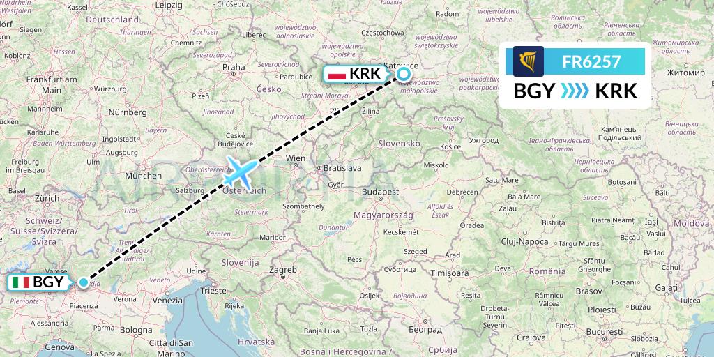 FR6257 Ryanair Flight Map: Milan to Krakow