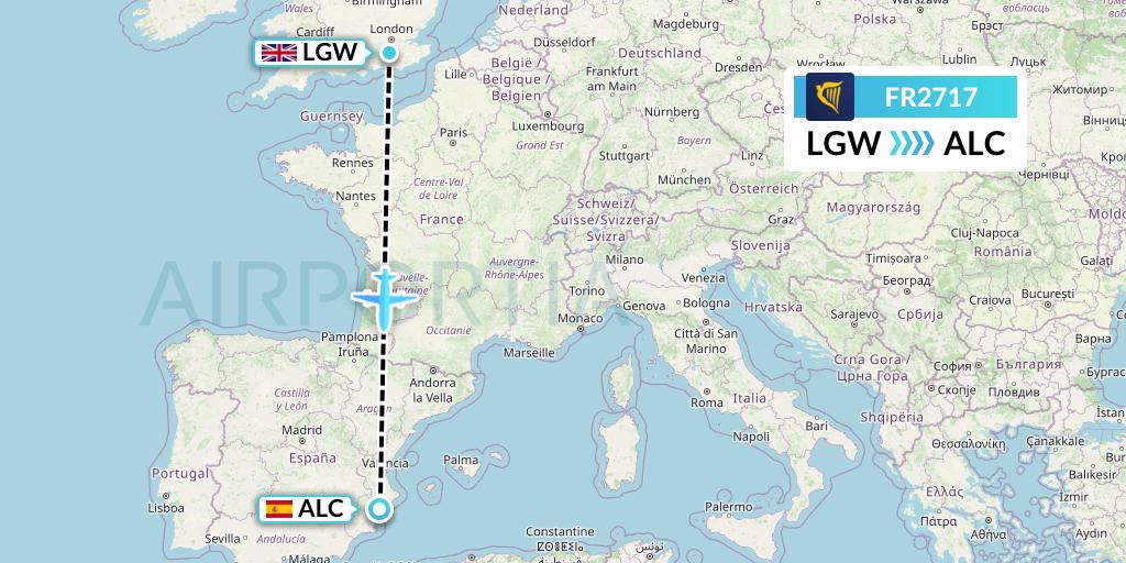 FR2717 Ryanair Flight Map: London to Alicante