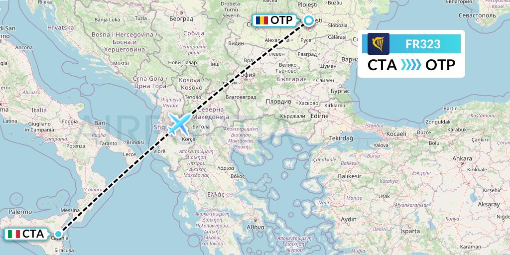 FR323 Ryanair Flight Map: Catania to Bucharest