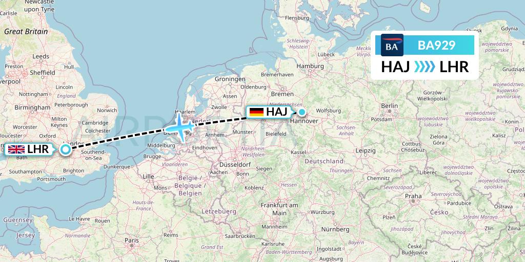 BA929 British Airways Flight Map: Hannover to London