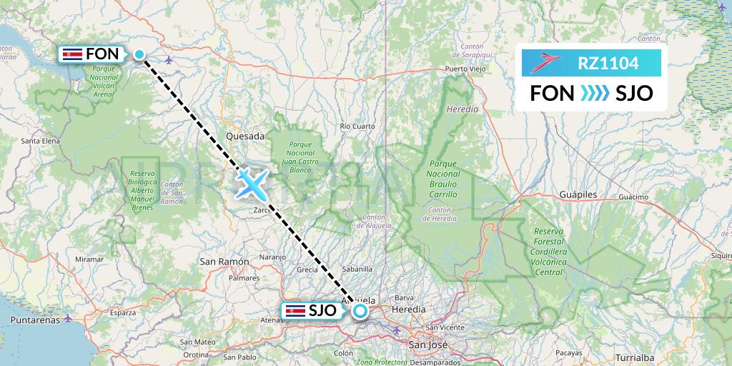 RZ1104 Sansa Airlines Flight Map: La Fortuna-San Carlos to San Jose